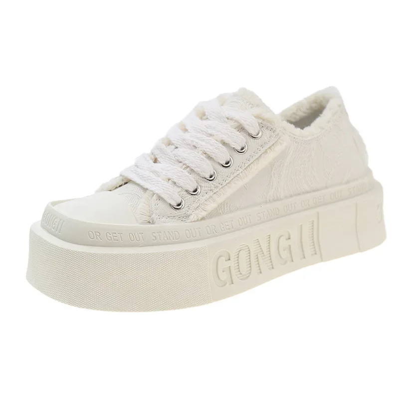 Canvas Shoes Women New Versatile Platform Square Toe White Shoes Beggar Casual Breathable Sneakers Popular Biscuit Shape Shoes