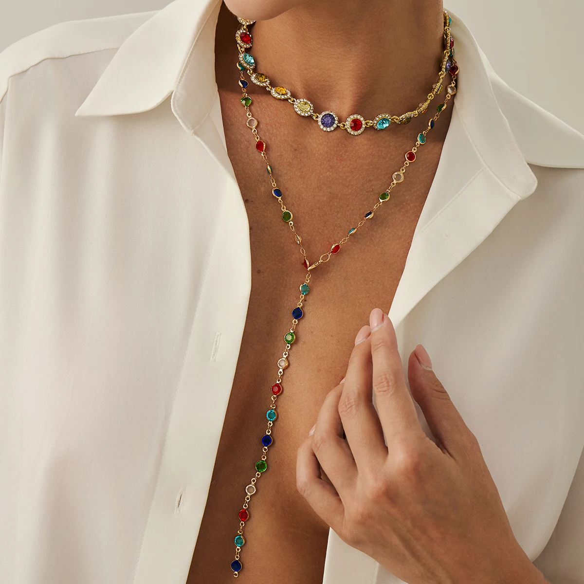 SHIXIN 2Pcs Elegant Colourful Crystal Chain Long Necklace Women Exquisite Y-shaped Pendant Choker Sweater Chain Wedding Jewelry