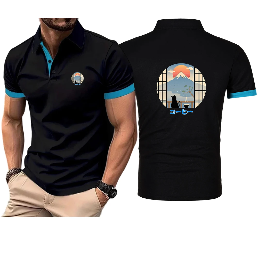 Coffee Cat in Mt Fuji Print 2025 Men's New Summer Polos T-Shirt Fashion Casual Lapel Streetwear Short Sleeves Tops