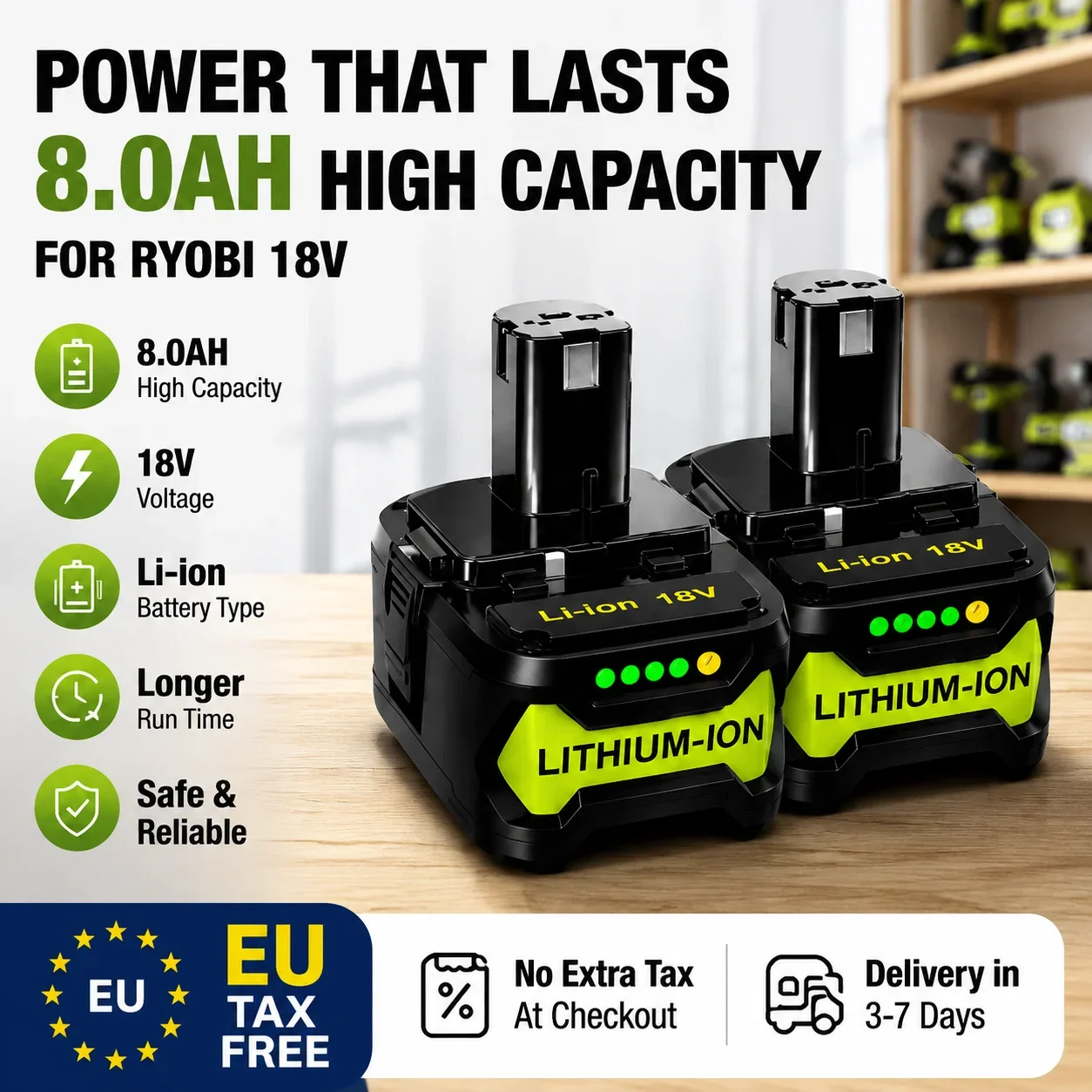 Magazzino in Polonia, spedizione rapida! Batteria al litio da 18 V e 8,0 Ah ad alta capacità, sostitutiva per RYOBI P108, compatibile con i modelli P203, P204, P210, RB18L50, RB18L20.