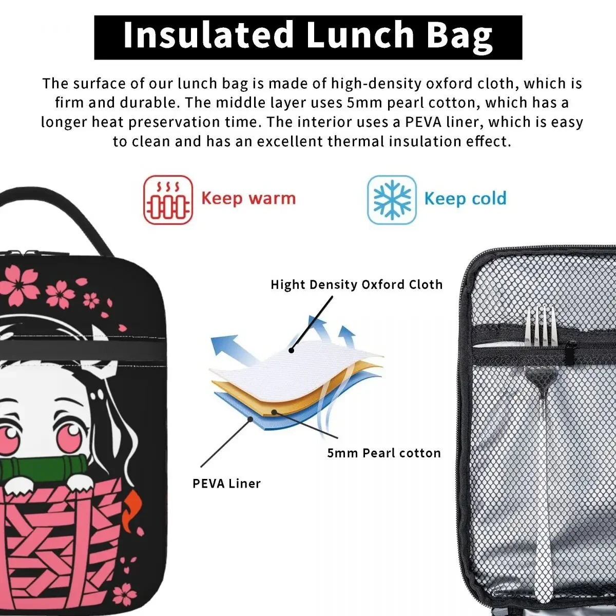 Kimetsu No Yaiba Nezuko Kamado Insulated Lunch Bags for School Office Demon Slayer Anime Manga Resuable Cooler Thermal Lunch Box