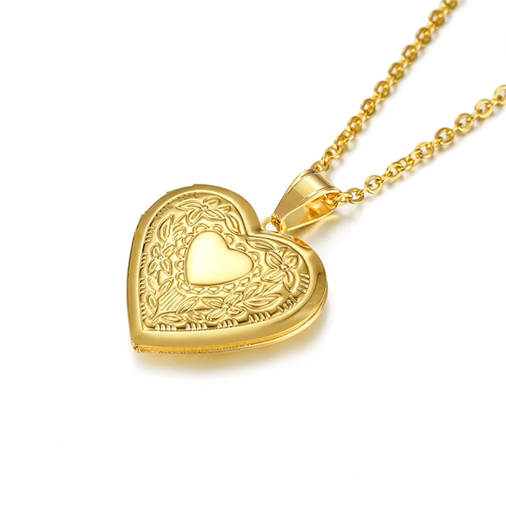 Romantic Heart Locket Pendant Female Gold Color Stainless Steel Openable Photo Frame Necklace for Women Jewelry Valentine\'s Gift