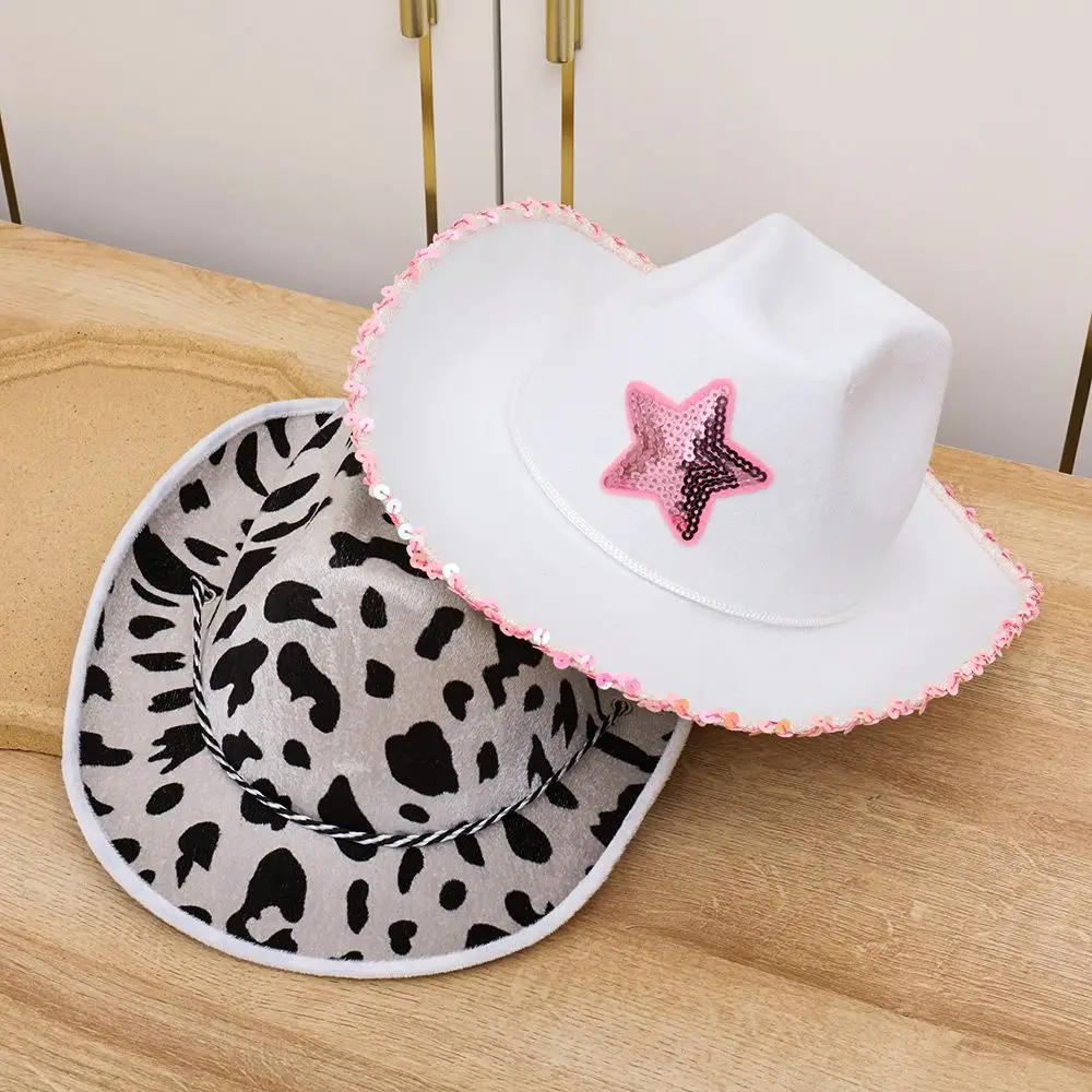 White Cowgirl Hats Pink Star Cow Girl Hat with Sequin Trim Fringe Adjustable Neck Draw String Adult Cowboy Hat for Costume Party