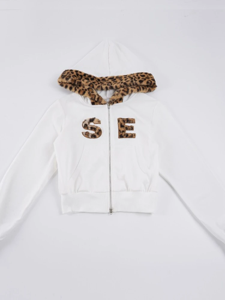 SsTss 2025 Women's Street Fashion Hoodie Letter & Leopard Print Long Sleeve Hooded Sweatshirt Fuzzy Crop Jacket Casual Outerwear