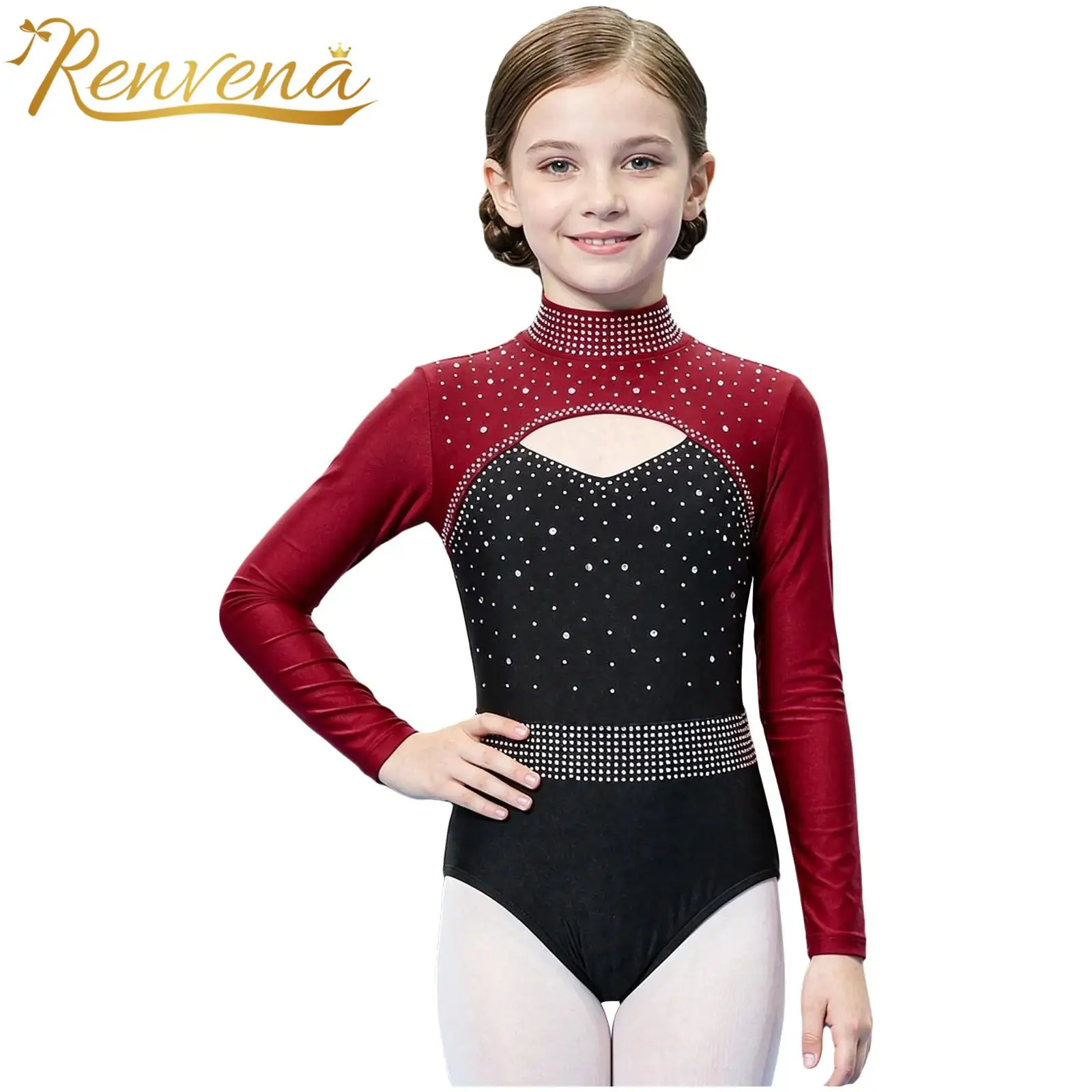 Children Keyhole Front Ice Skating Bodysuit Ballet Dance Leotard Kids Girls Rhinestone Gymnastics Jumpsuit Long Sleeve Leotards