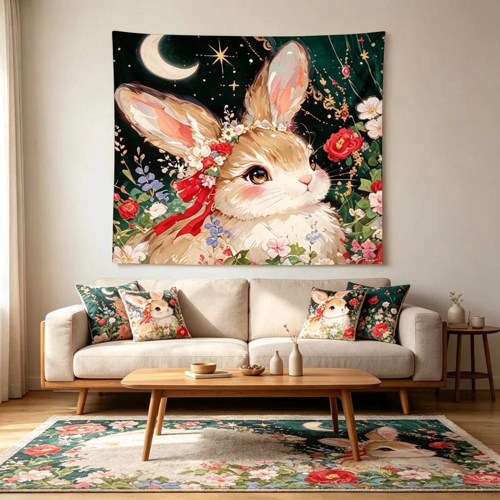 1PC Rabbit Wreath Moon Art Print Backdrop Banner, Bedroom Living Room Photo Background, Polyester, Home Decor, Wall Art
