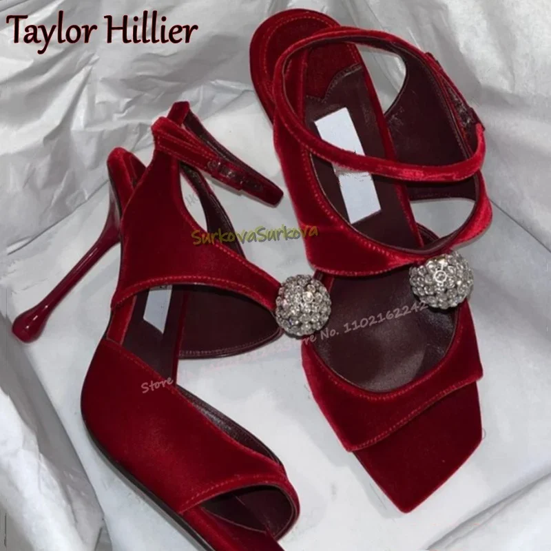 Samt Echtes Leder High Heels Strass Karree Schnalle Elegante Sandalen Mode Sexy Luxus Kleid Sandalen Frauen 42