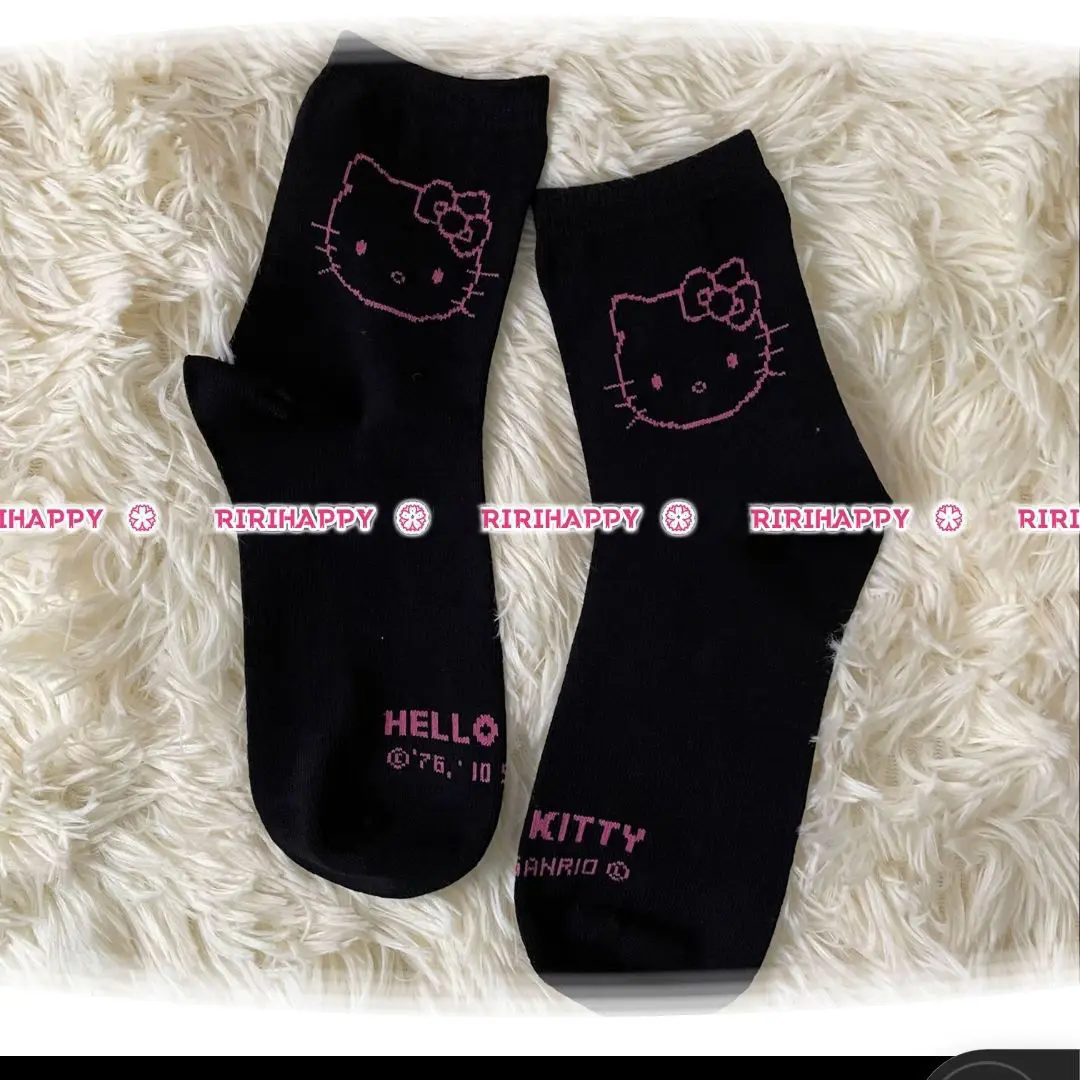 Chaussettes mignonnes Anime Rick Hello Kitty pour couple, chaussettes KT Kawaii, accessoires roses chat noir et blanc, cadeau femme, Y2K