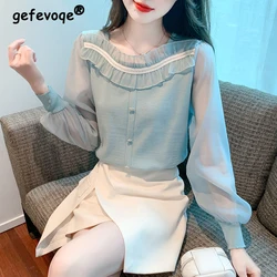 Women Clothing Stylish Ruffle Sweet Chic Blouses Elegant Square Collar Solid Slim Chiffon Shirts Casual Long Sleeve Fairy Tops