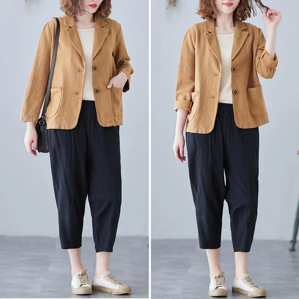 Women Solid Color Jacket Elegant Double Button Suit Coat for Fall Spring Stylish Turn-down Collar Cardigan Jacket Wear Outerwear