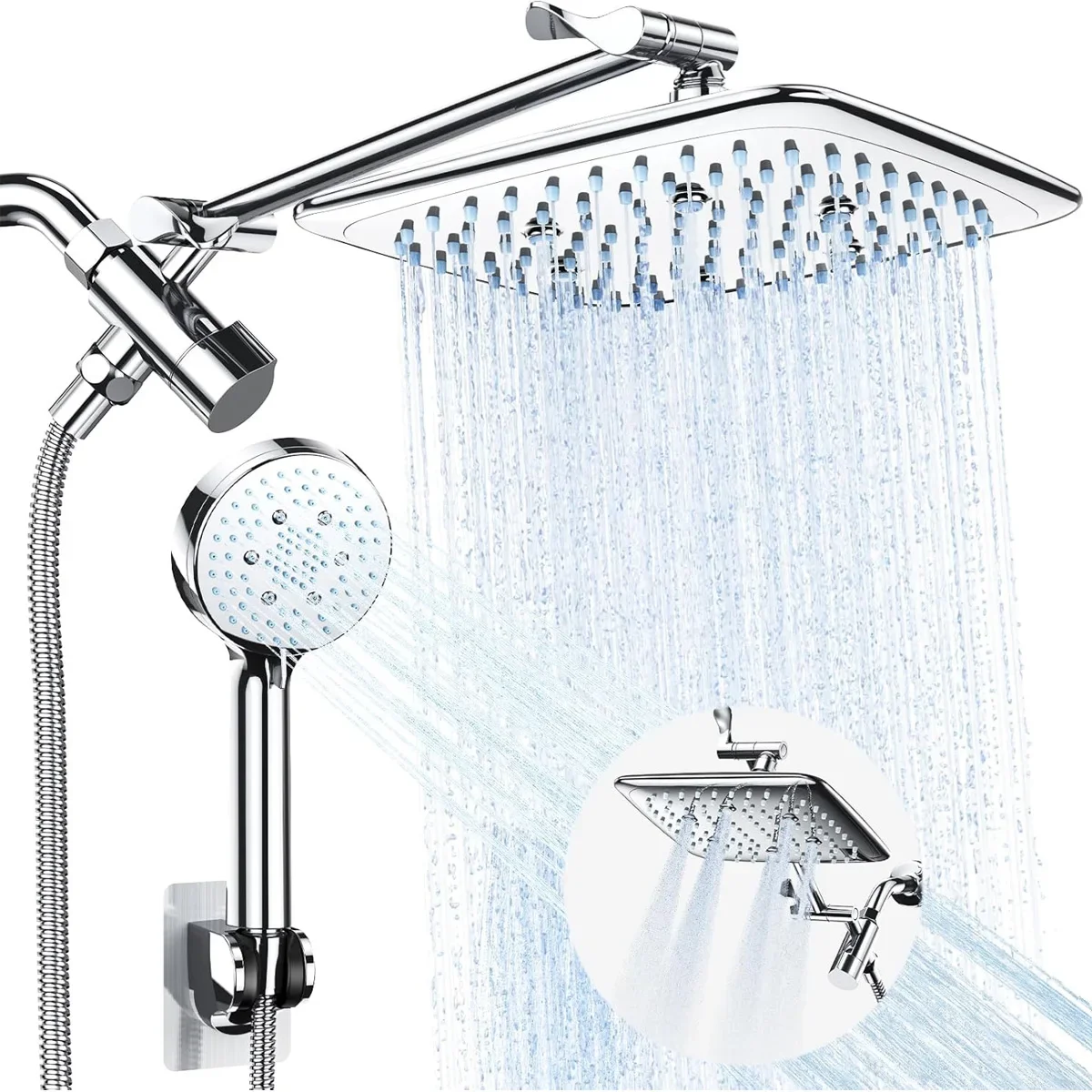 Stainless Steel 8/10 Inch Overhead Showerhead 5 Modes With Extension Arm Multi-function Hand Shower Wall Mounted Showerhead Set