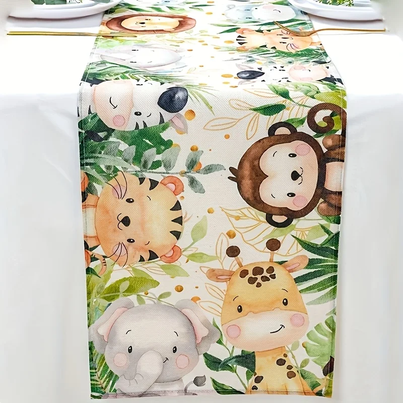 1 Piece of Cartoon Animal Jungle Table Runner, Watercolor Painted Cute Elephants, Giraffes and Other Animals with Green Plants, Suitable for Kidsren's Birthday Parties, Family Restaurants, Kindergarten Activities, Zoo Surroundings, Family Parties, Handicraft Markets, Kidsren's Room Decorations, Theme Parties