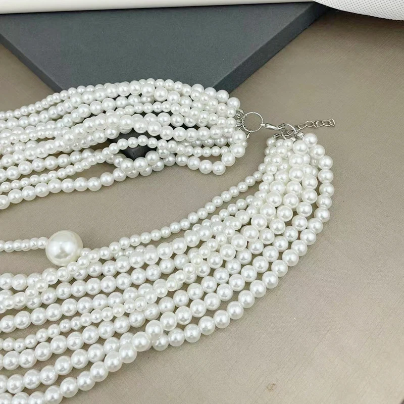 Steampunk Multilayer Beautiful White Big Pearl Bead Necklace Women Tassel Collar Hombre Bridal Choker Necklaces Jewelry