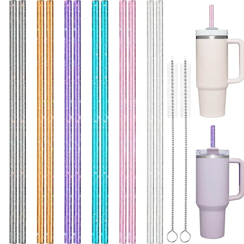 12pcs/pack 6 Colors Glitter Straw For Stanley 30/40 oz Tumblers Plastic Reusable Straws 11.8