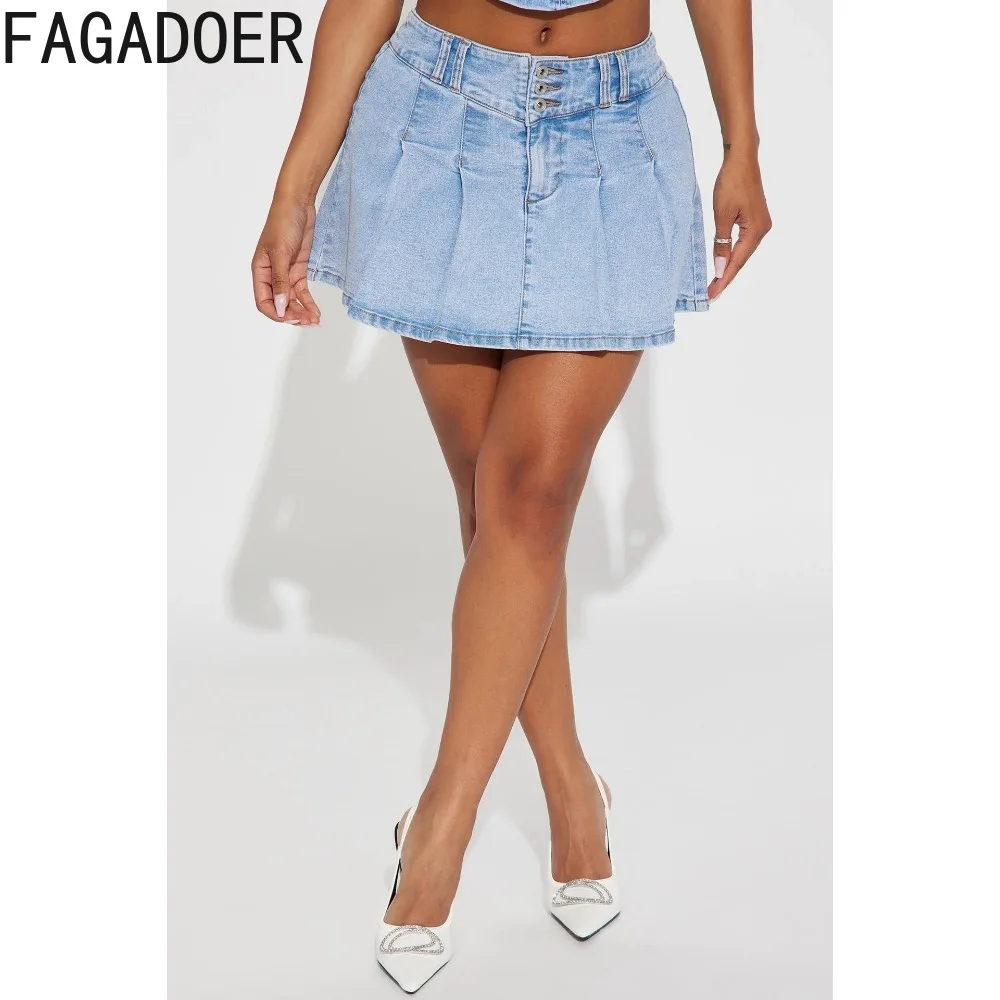 FAGADOER-Mini-jupes plissées en denim pour femmes, taille haute, ligne A, jupe en jean, bleu, bouton décontracté, bas assortis, streetwear, mode