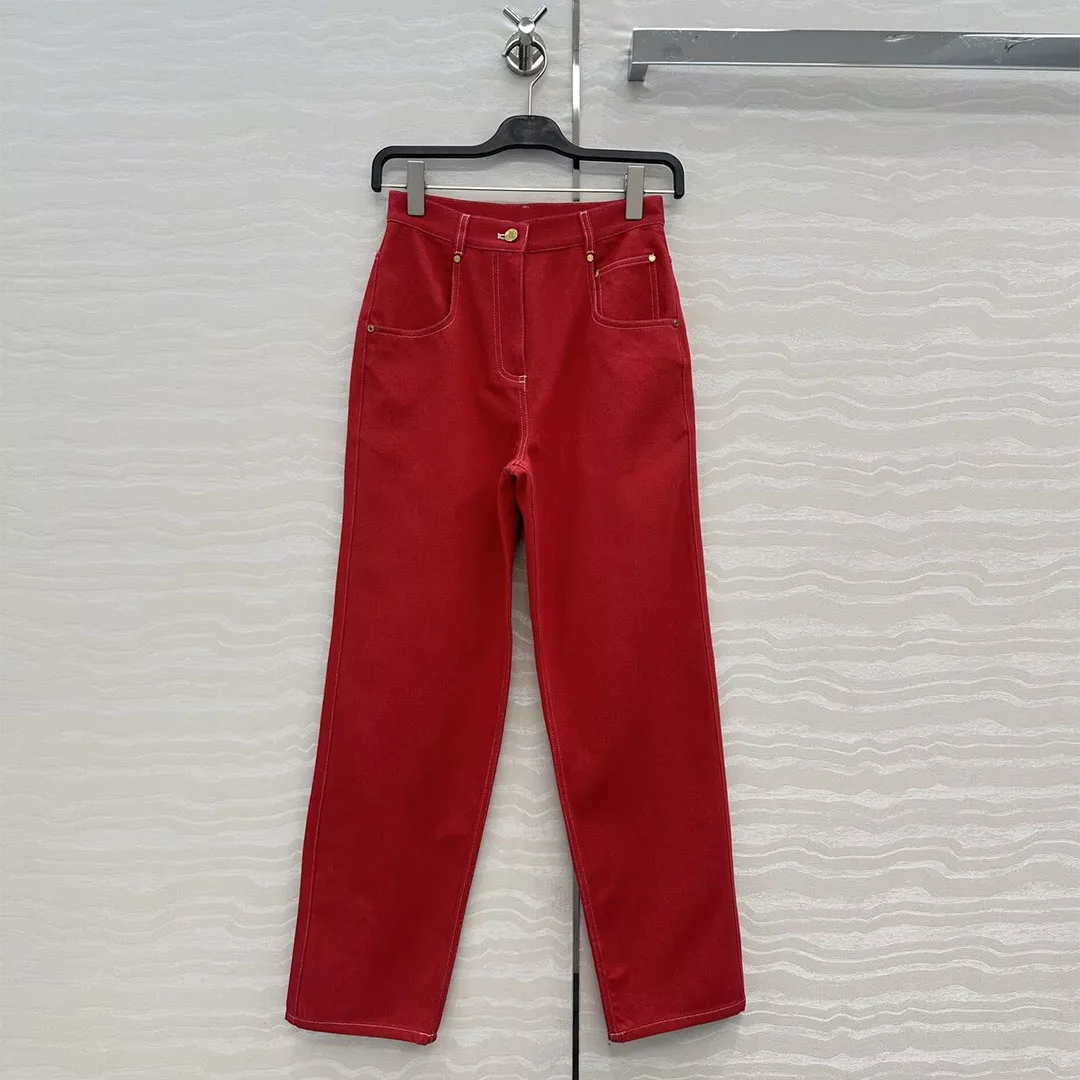 

Новые осенние модные винтажные прямые красные джинсовые брюки, женские новые джинсы с высокой талией, уличная одежда