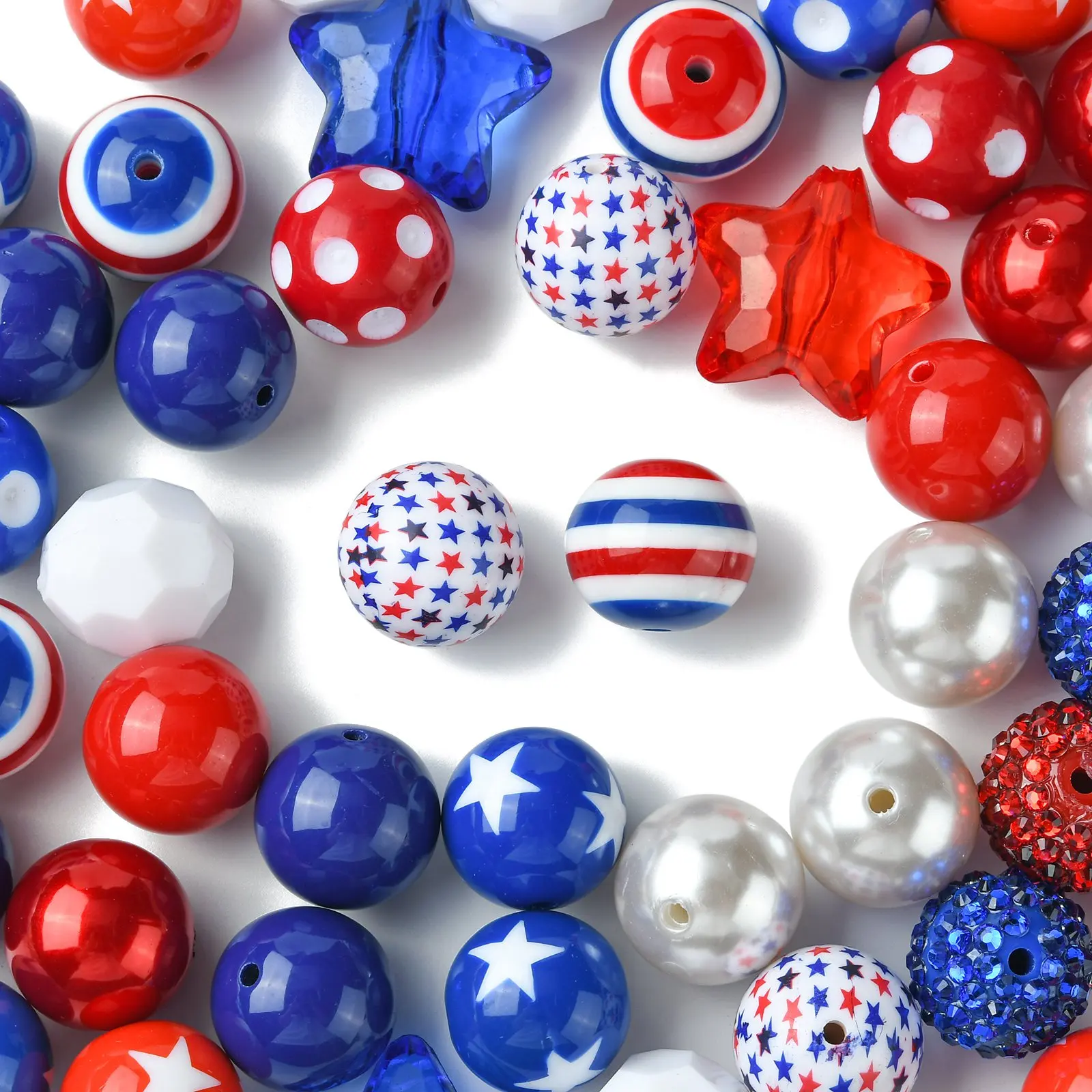 PandaHall 50 Stück Zufällige 20mm Acryl-Rundperlen Independence Day Rot Weiß Blau Abstandhalterperlen für Bastelarbeiten und Schmuckherstellung – Detail 9