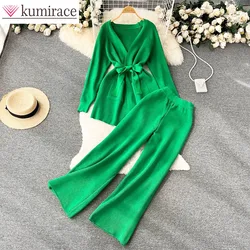 Knitted casual two-piece set 2024 autumn and winter new item in stock real shot Knitted cardigan+wide leg pants pant sets