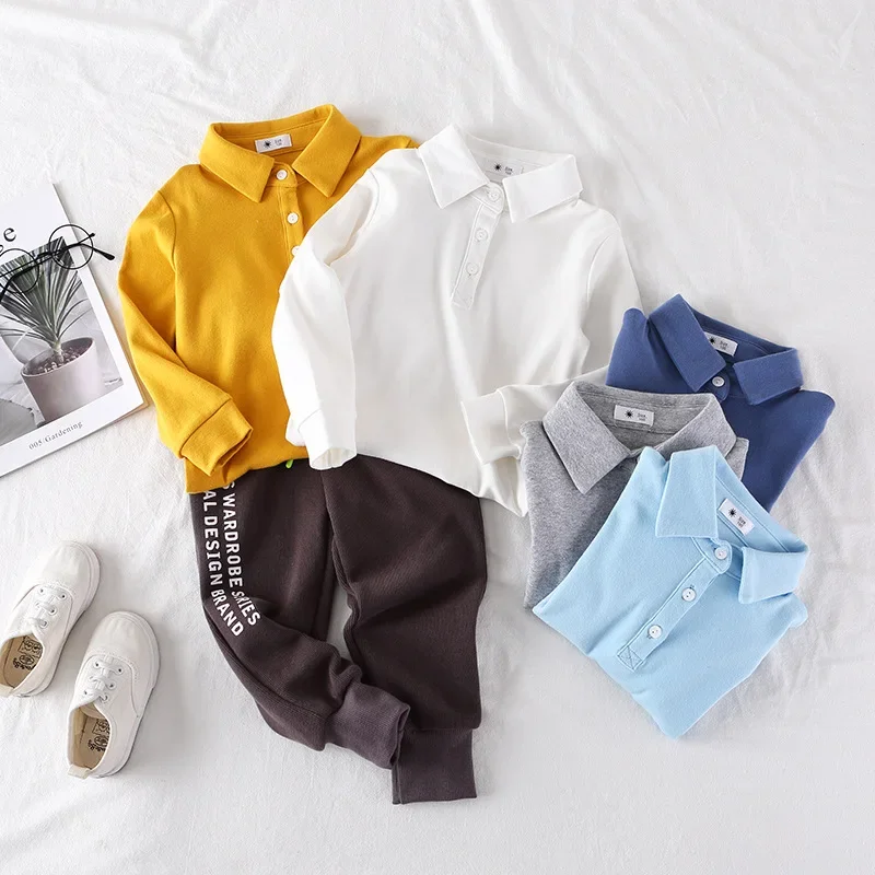 3-11y Kids Polo Shirts Spring Autumn Boys And Girls Tops Tees Long Sleeve Solid Color Fashoin Breathable Children Clothes H5-26