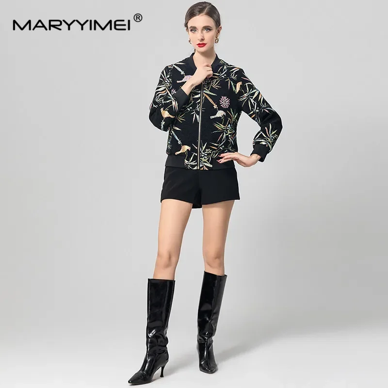 

MARYYIMEI Fashion design Women's Black Stand collar Long-Sleeved Sequins Crystal Streetwear Jacket