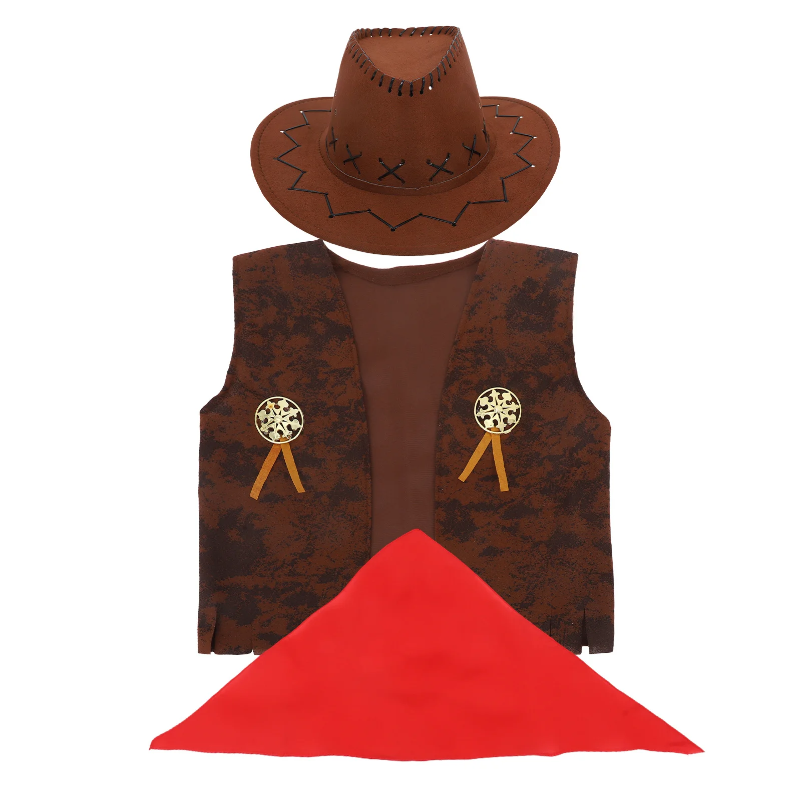 Kids Cowboy Costume Western Cowgirl Vest Hat Bandana Halloween Dress Up Party Cosplay Brown 115-130 M Multiple