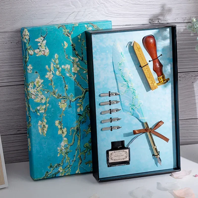 Blue Peacock Feather Oil Painting Style Birthday Creative Gift Dipping Pen Set English Calligraphy Retro Box