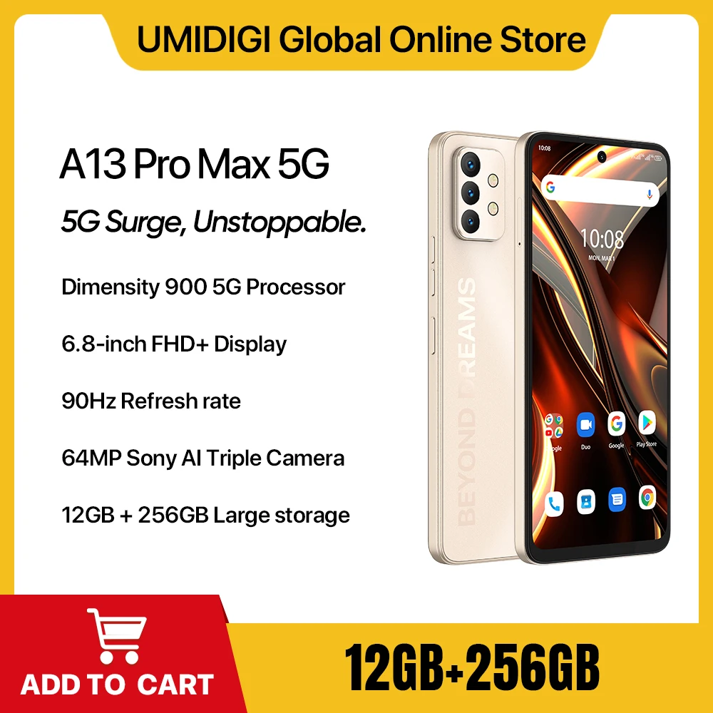 UMIDIGI-teléfono inteligente A13 Pro Max 5G, 12GB, 256GB, procesador Dimensity 900, pantalla FHD de 6,8 pulgadas, 90Hz, Triple cámara de 64MP