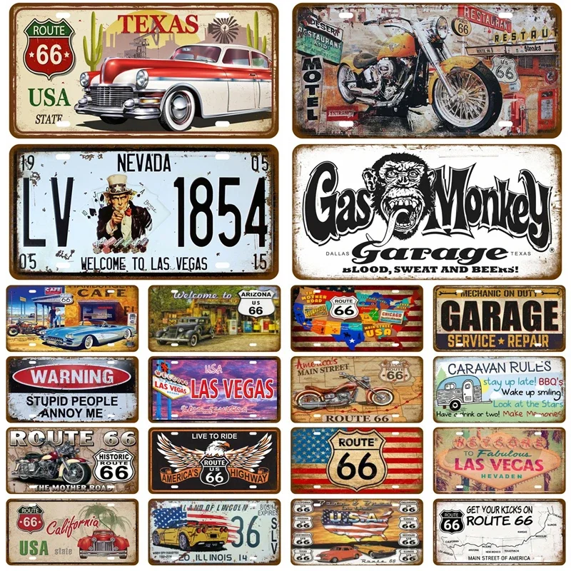 Tinplate License Plate Plaque Poster Tin Sign Bar Wall Art Garage Moto Home Decoration Metal Sign Route 66 Vintage Poster Car