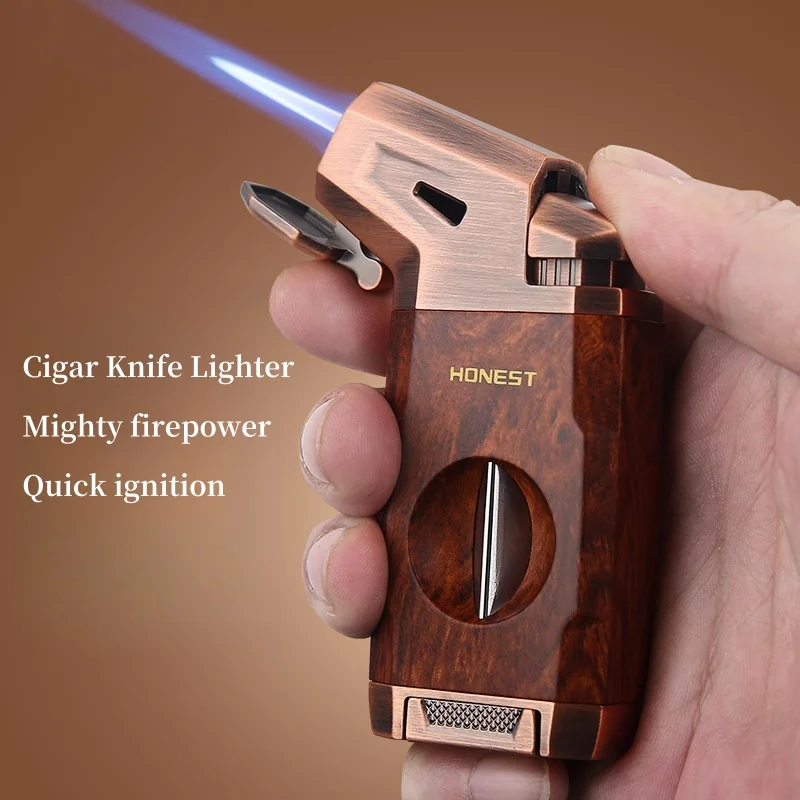 

Зажигалка для сигар HONEST, многофункциональная 2-в-1 с ножом для сигар, зажигалка с видимой газовой камерой, металлический материал, мужской элитный подарок