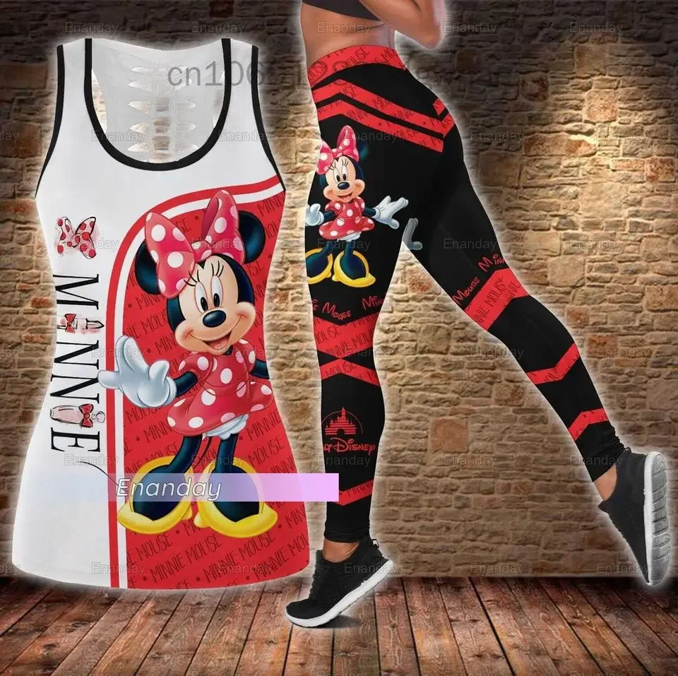 Disney Minnie Mickey Women's Hollow Vest Women's Leggings Yoga Suit Fitness Leggings Sports Suit Tank Top Legging Set Outfit