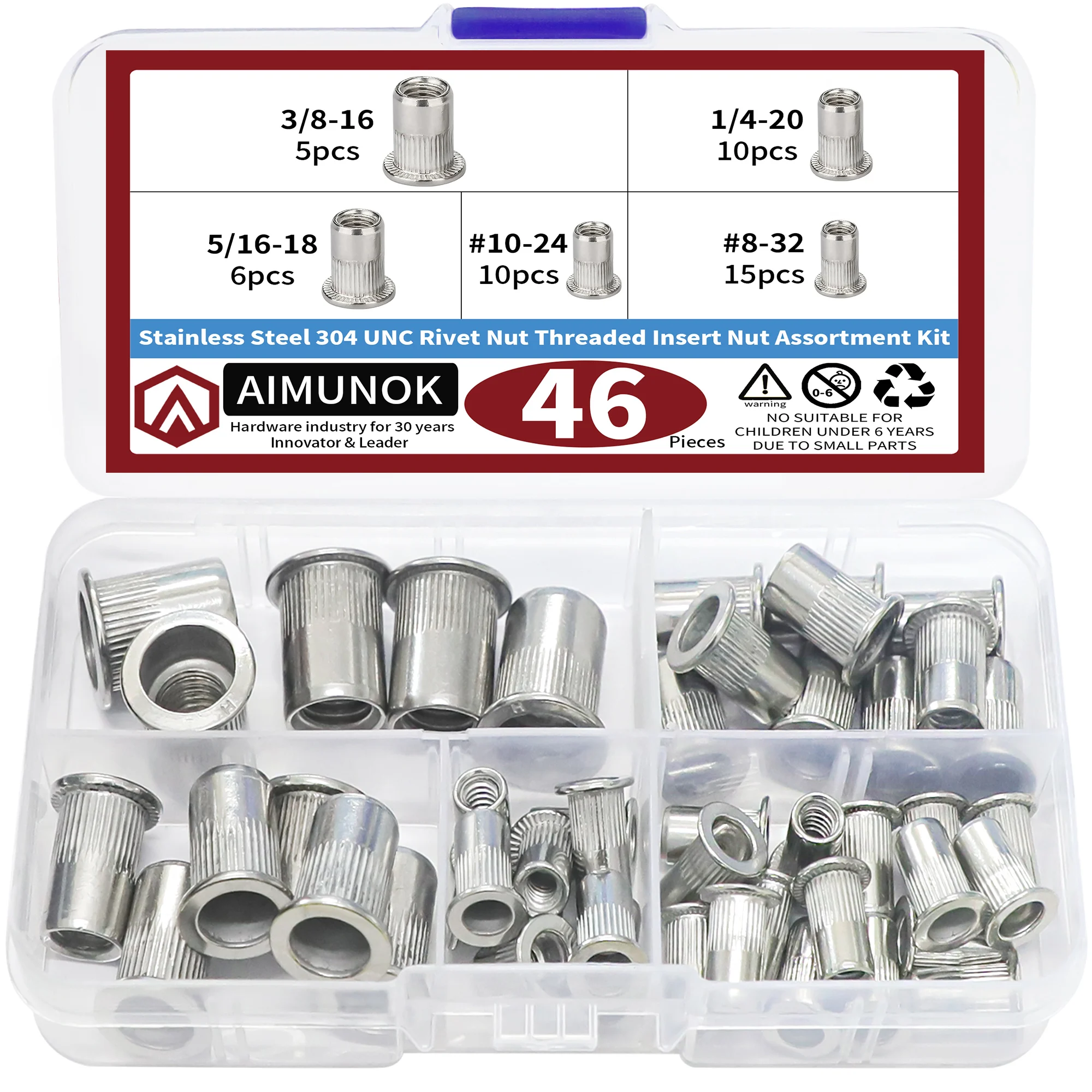 

46pcs UNC Carbon Steel Zinc Plated Cylindrical Head Vertical Grain Flat Head Rivet Nut Set Knurled Rivet Nut Set