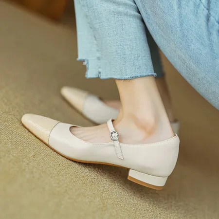 Sapatos Mary Jane de couro feminino, sapato quadrado prateado de salto baixo, cor combinando, simples, moda primavera-verão 2024