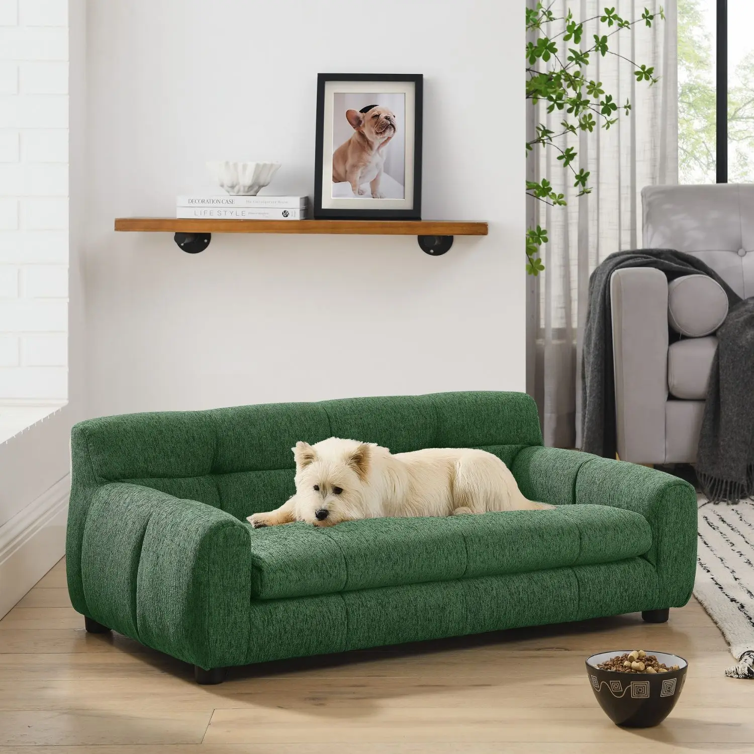 Modern rectangular pet sofa is comfortable and soft, with large and medium-sized dog back armrests - green