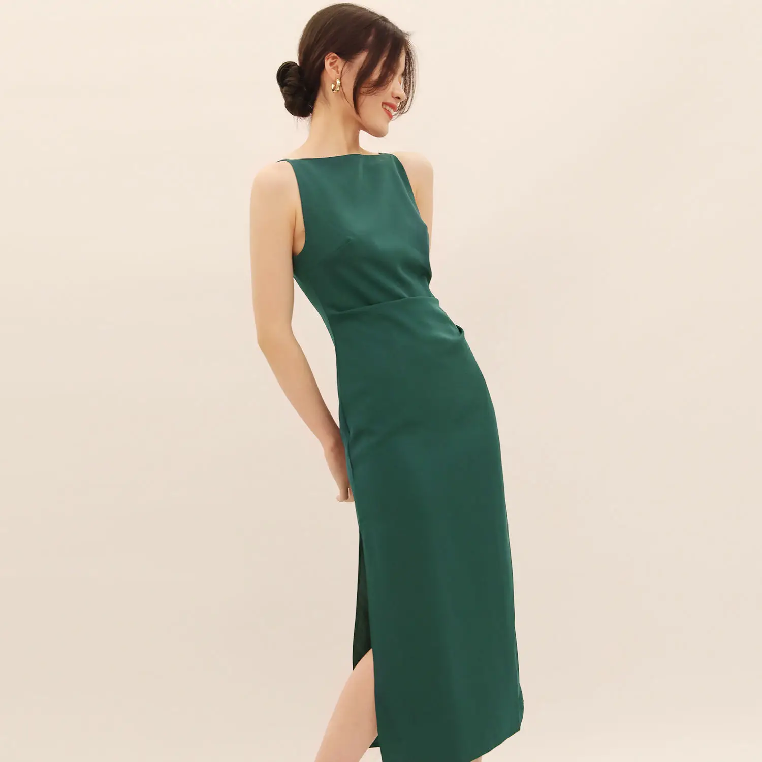 Medium And Long Style Style One-line Collar Pleated Waist Split Straight Dress Women\'s 2023 Spring And Summer Green Dress