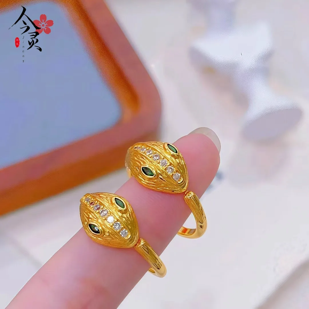 

Diamond-Studded Snake Open Ring Women 24K Gold AU999 - Moderate snake size, subtle diamonds, fits various finger sizes