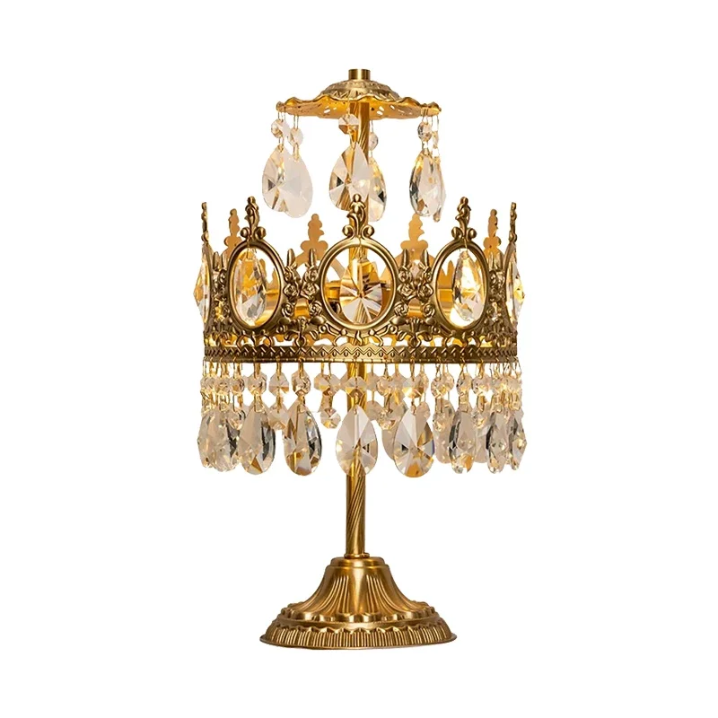 Brass crystal table lamp French light luxury living room bedroom study bedside creative all copper crown decoration