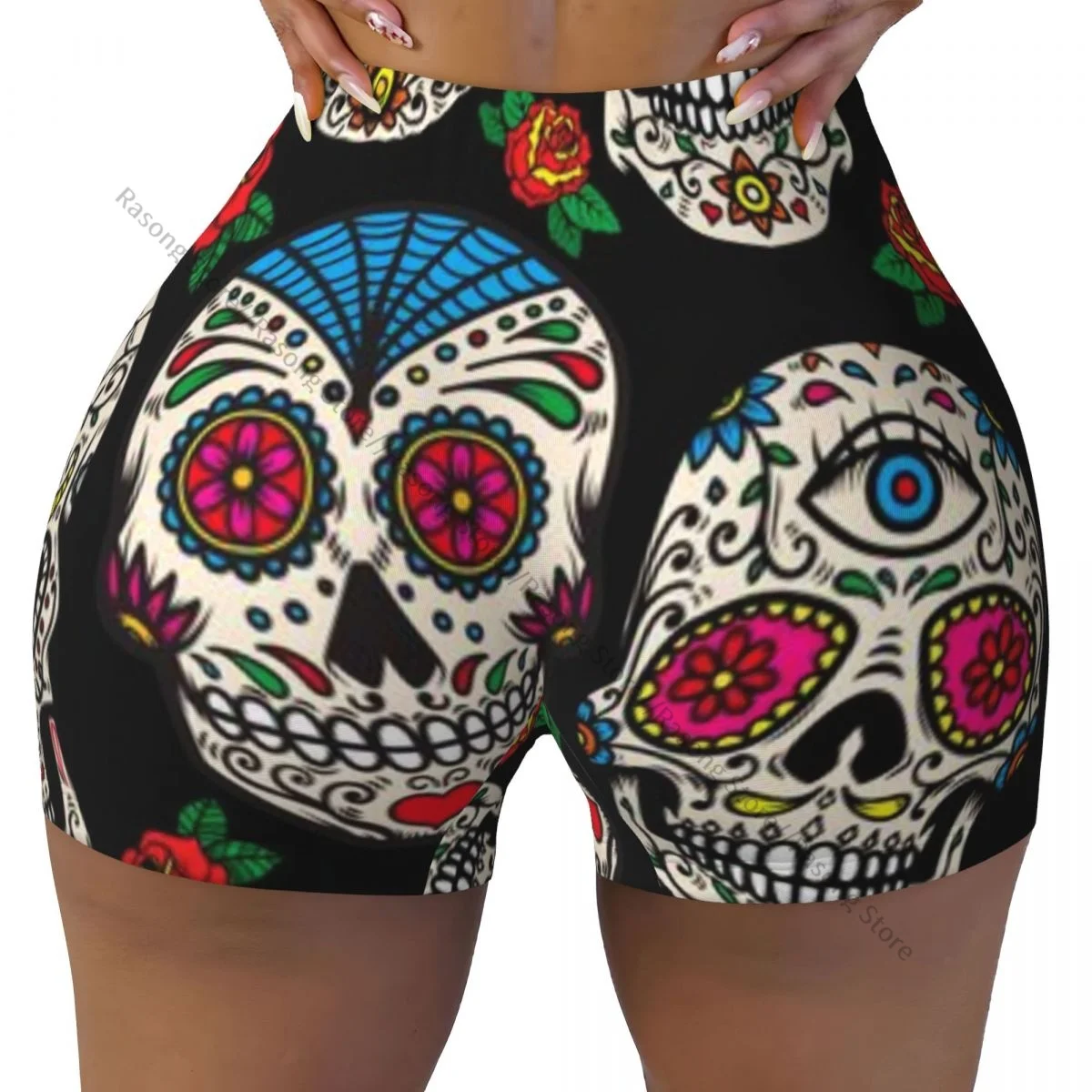 Women Yoga Shorts Mexican Sugar Skulls And Roses Workout Shorts Fitness quick-dry Ladies Yoga Gym Running Short Pants Sportswear