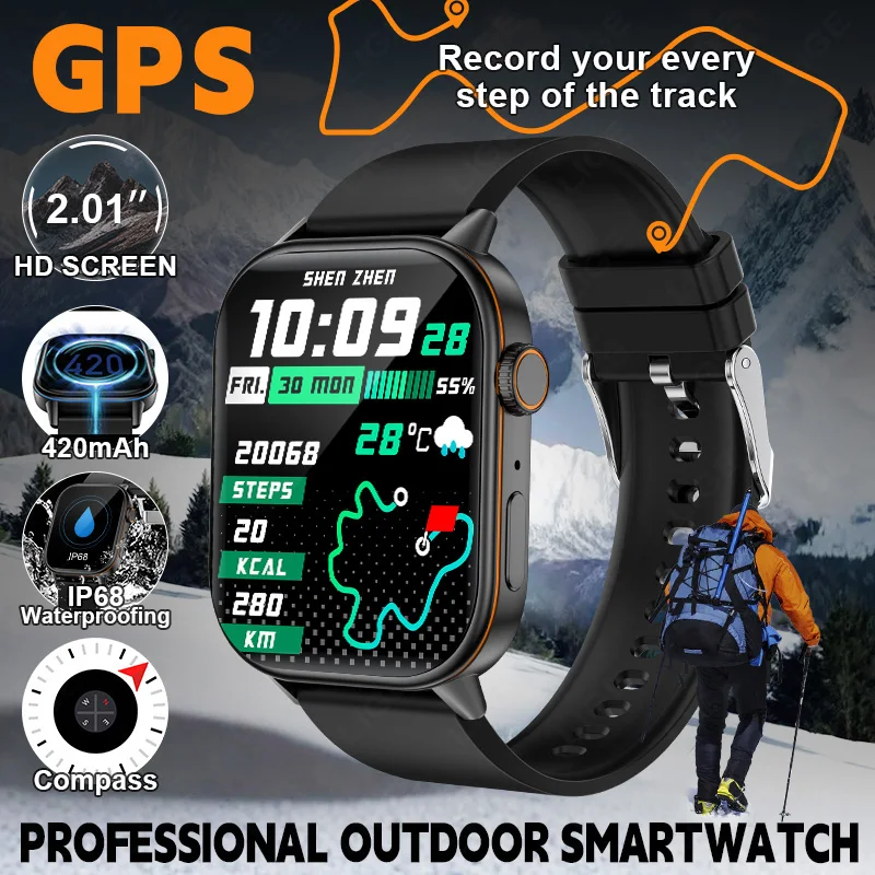 LUIK Smart Horloge Hartslag Draadloos Oproep GPS Kompas 2.01''Screen IP68 Waterdichte Muziek Controle Mannen Slimme horloges Android lOS