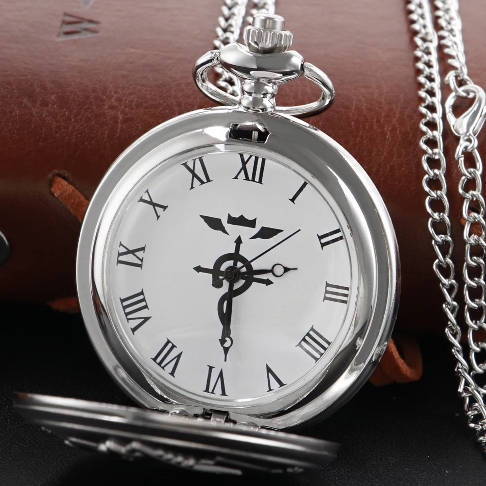 Frosted Texture Alchemist Steampunk Quartz Pocket Watch Silver Case Necklace Pendant Clock Chain Men and Women Christmas Gift