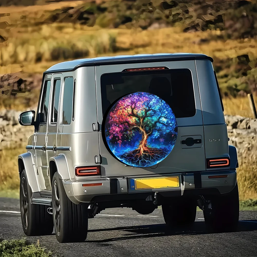 A Car Tire Cover, Rainbow Tree of Life Spare Tire Cover Off-Road SUV universal Elastic Tire Protection Cover