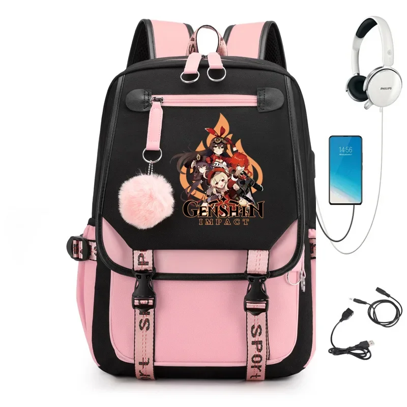 Genshin Impact Anime USB Port Nylon Mochila, Sacos de viagem escolar, Saco casual para laptop