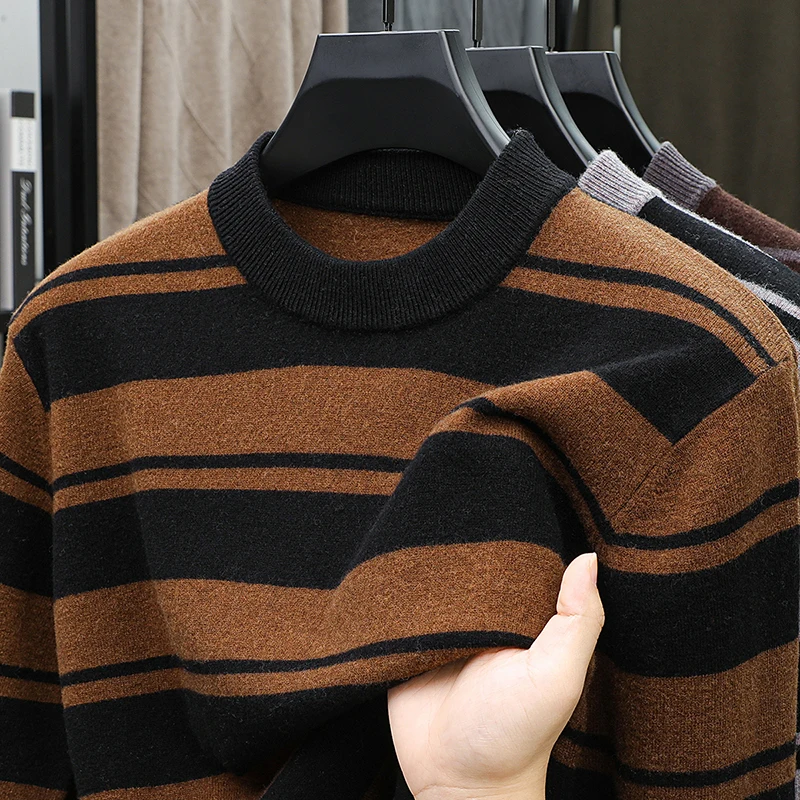 Wool100% Men's Autumn Winter Sweater Round Neck Stripe 12 Stitches Keep Warm Long Sleeves Sweater Fashion Versatile Man Clothes