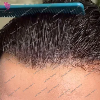 Linea sottile naturale 80% densità Bionda Durevole HD Poly Pelle piena 0,02 mm V-loop Grigio 1B80 Parrucchino da uomo invisibile Protesi per capelli umani