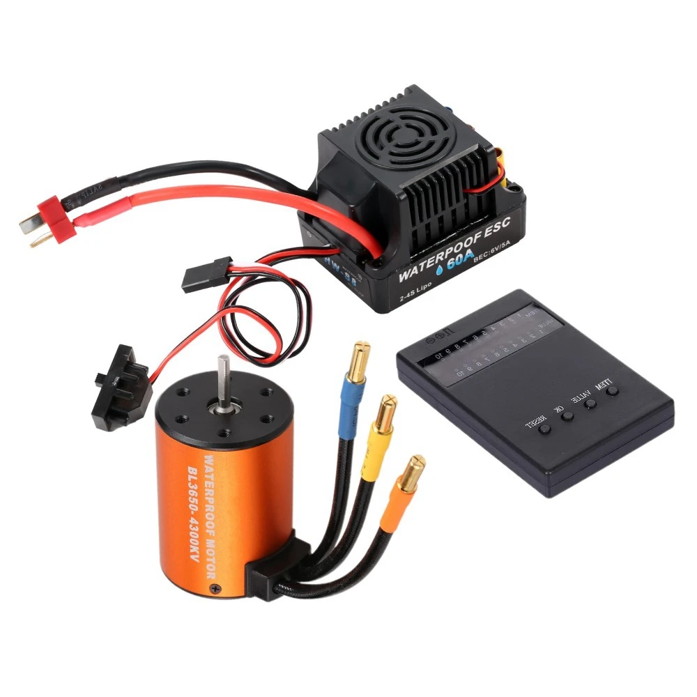 Waterproof 3650 4300KV Brushless Motor with 60A 2-4S Lipo ESC Programming Card Combo Set for 1/10 RC Car Truck