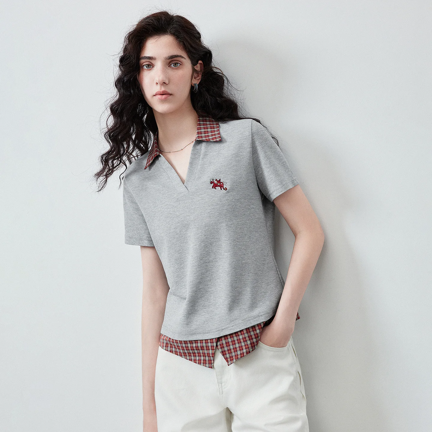 TOYOUTH Women T Shirts 2026 Summer Pegasus Embroidery Plaid Contrast Fake Two Piece Intellectual Preppy Style Tops