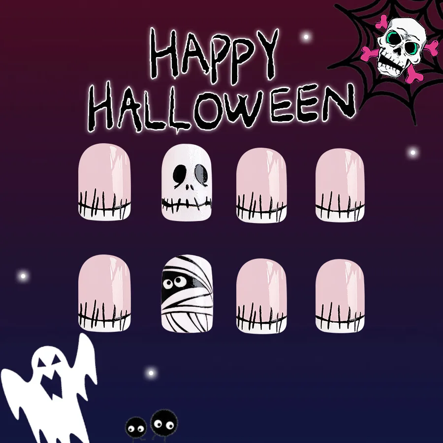 Uñas postizas cuadradas para Halloween, uñas postizas de cobertura completa, 24 piezas