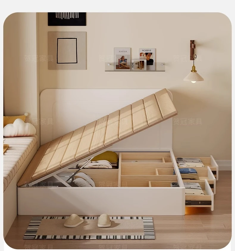 

locker integrated apartment small bedroom space saving storage against the wall high box floor single bed