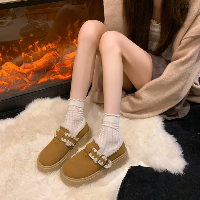 

Women's Thick Bottomed Fleece Lined Winter Boots Full Covered Retro Style Comfortable Cotton Shoes Women's Flat Heel Snow Boots