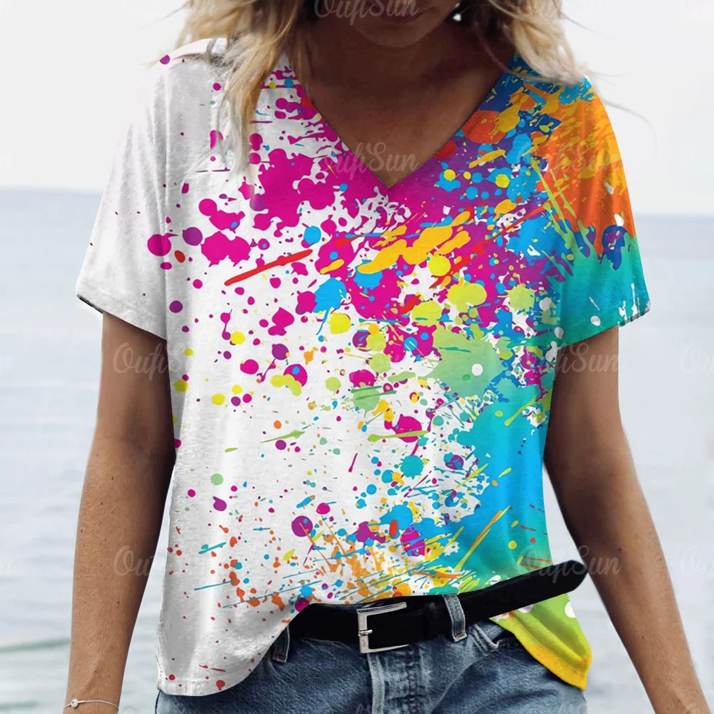 

New Women's T-shirt Tie-dye Printed Casual Pullover Fashion V-neck Short Sleeve Summer Loose Sweatshirt Female Daily Streetwear