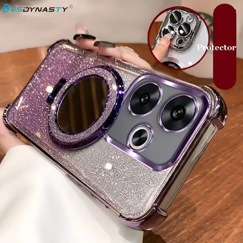 Glitter Mirror Stand Holder Case For Xiaomi POCO X7 X6 F7 F6 F5 Pro For Redmi 14 Pro Plus 14T 13T Pro 14C Luxury Magnetic Cover